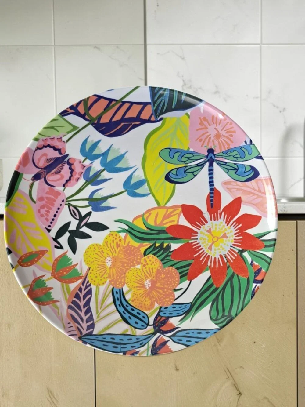 Anthropologie Lot Of 3 Melamine Plates Dragonfly Flowers 10 1/2